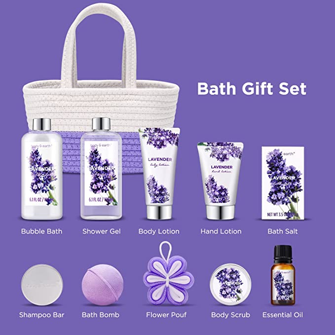 Bath Gifts Set for Women, Body & Earth Women Gift Basket with Essential Oil, Shower Gel, Bubble Bath, Body Lotion