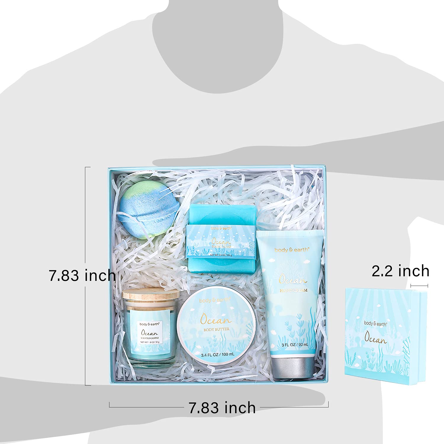 Bath Set with Ocean Scented Spa Gifts for Her,Includes Scented Candle, Body Butter, Hand Cream, Bath Bar and Bomb,5 Pcs Bath Set,