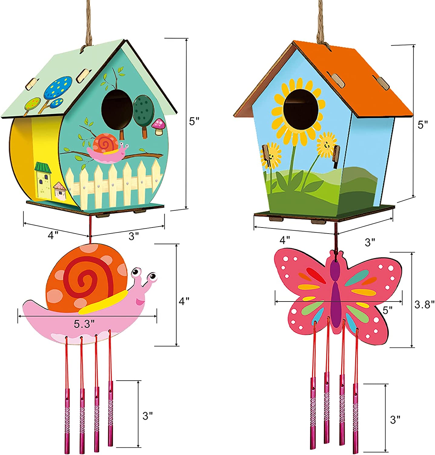 4 Pack DIY Bird House Wind Chime Kits for Children to Build and Paint, Wooden Arts and Crafts for Kids Girls Boys