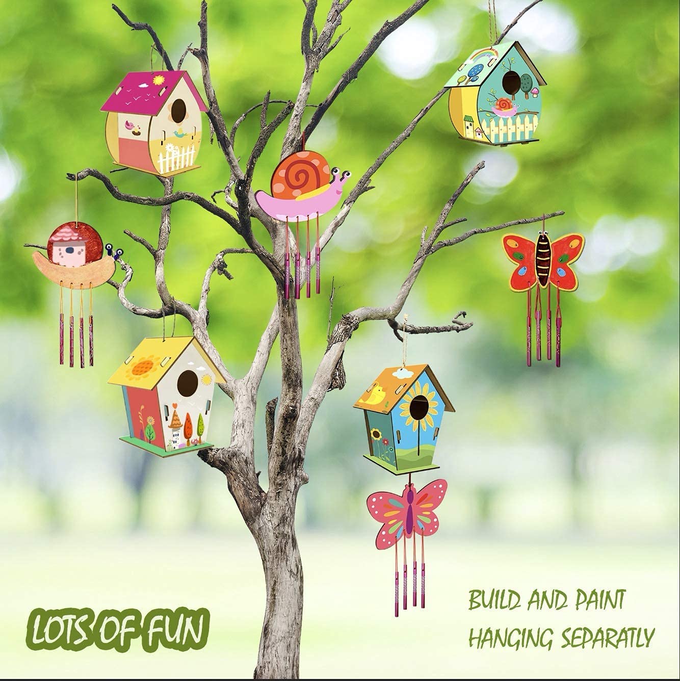 4 Pack DIY Bird House Wind Chime Kits for Children to Build and Paint, Wooden Arts and Crafts for Kids Girls Boys