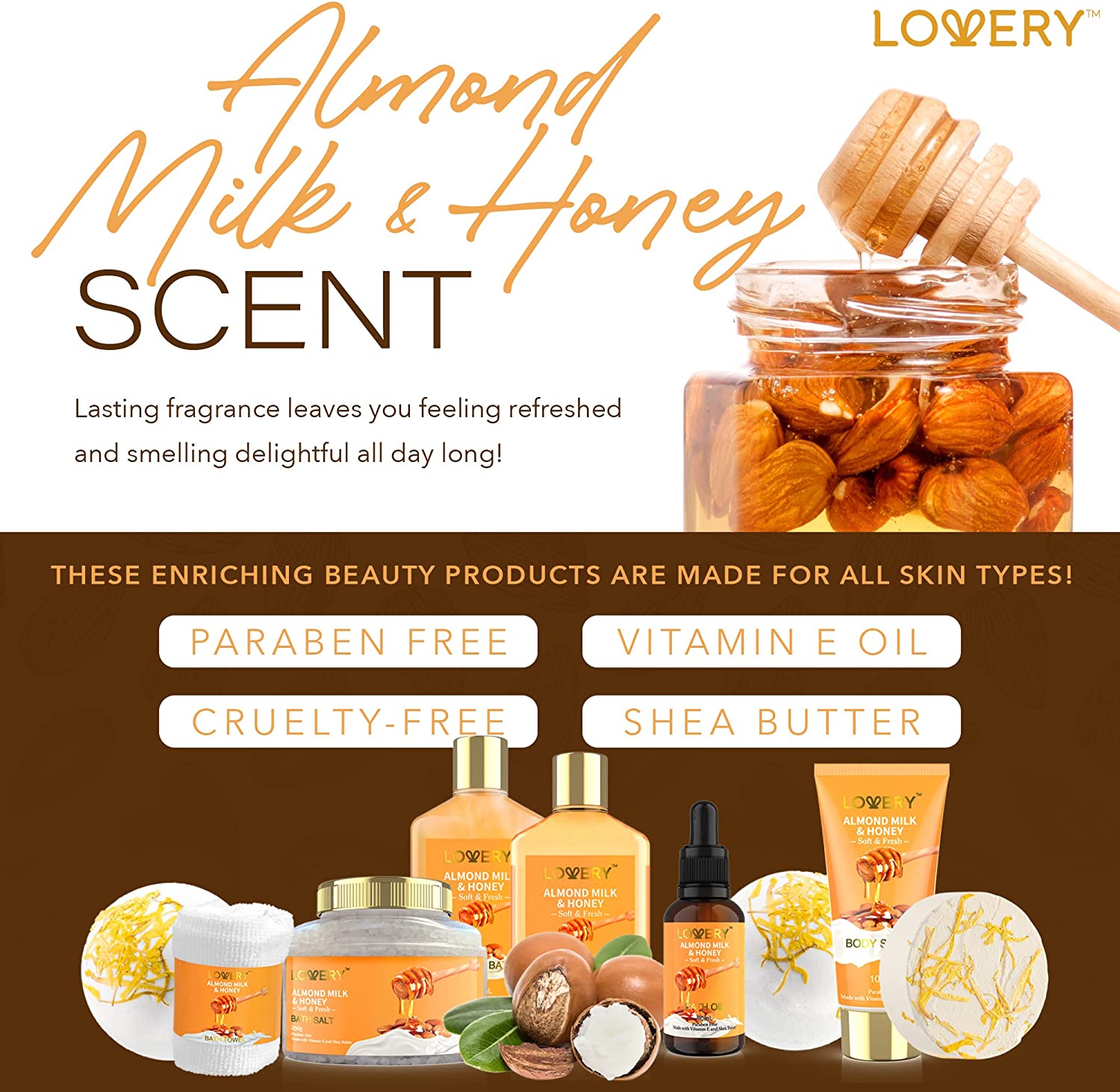 10 Pc Almond Milk & Honey Beauty & Personal Care Set - Home Bath Pampering Package for Relaxing