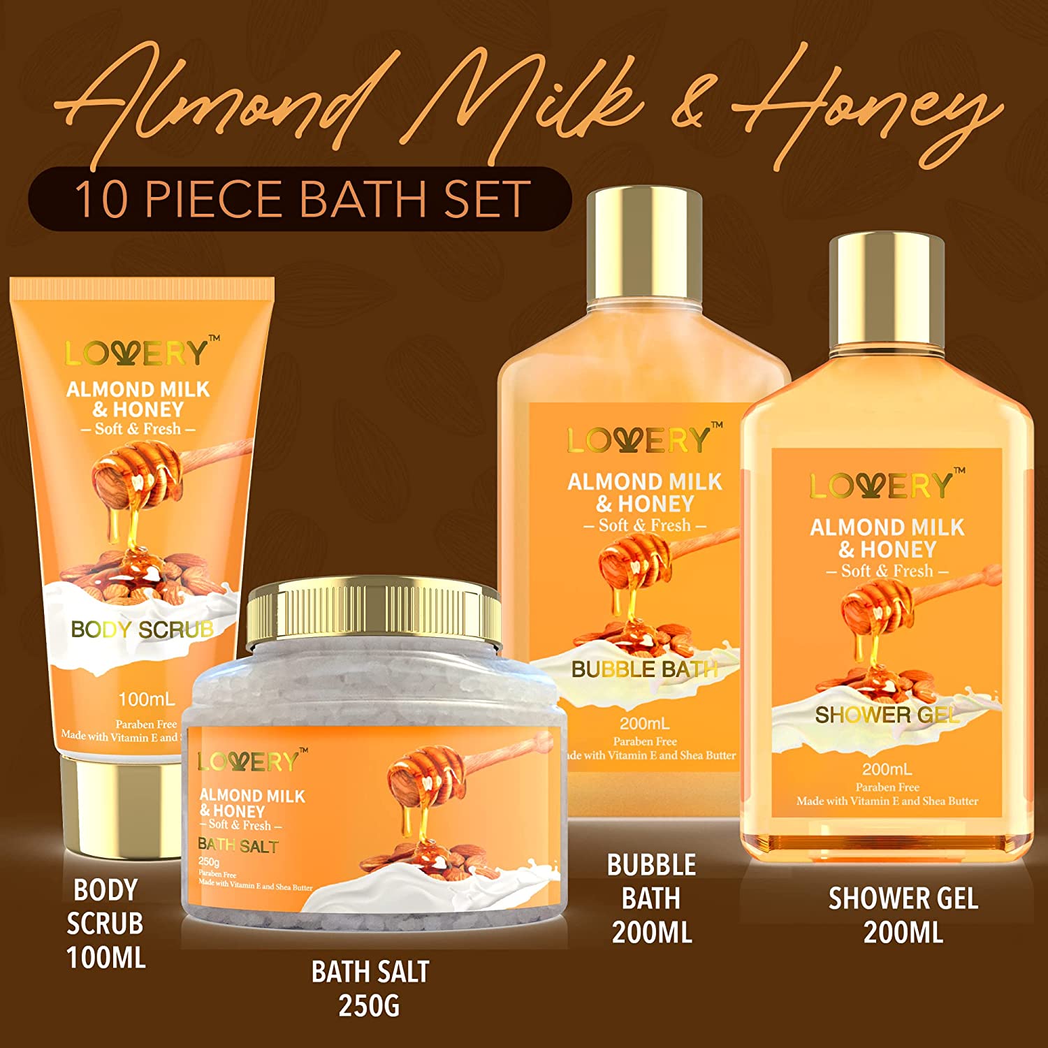 10 Pc Almond Milk & Honey Beauty & Personal Care Set - Home Bath Pampering Package for Relaxing