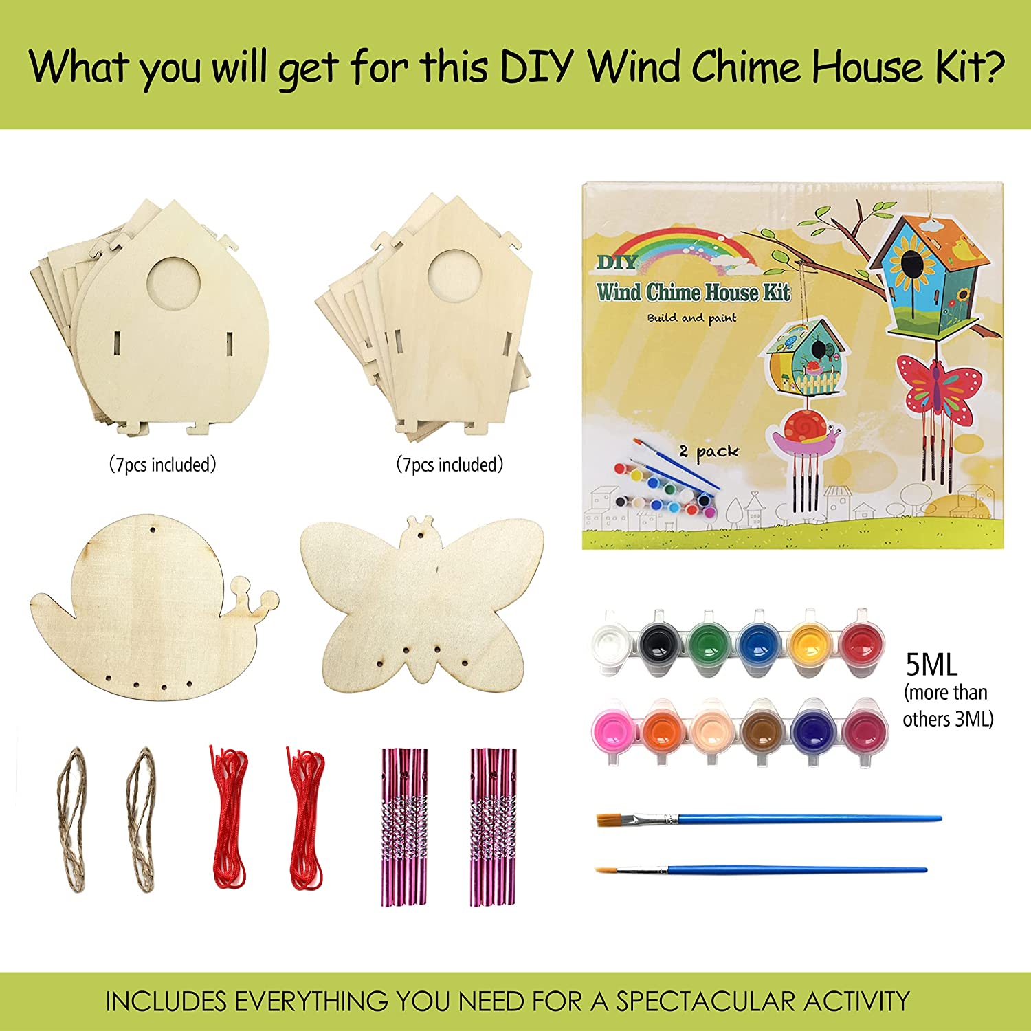 4 Pack DIY Bird House Wind Chime Kits for Children to Build and Paint, Wooden Arts and Crafts for Kids Girls Boys