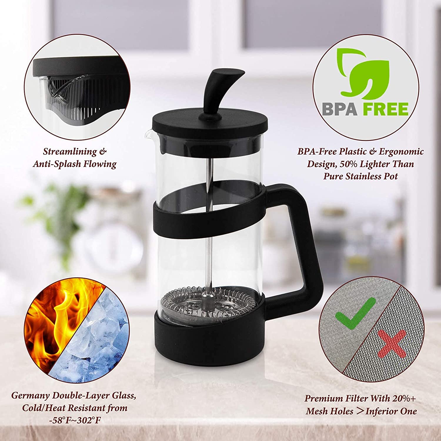 Large French Press Glass Travel Camping Coffee Makers Pot 34 Oz Portable French Press Coffee Maker