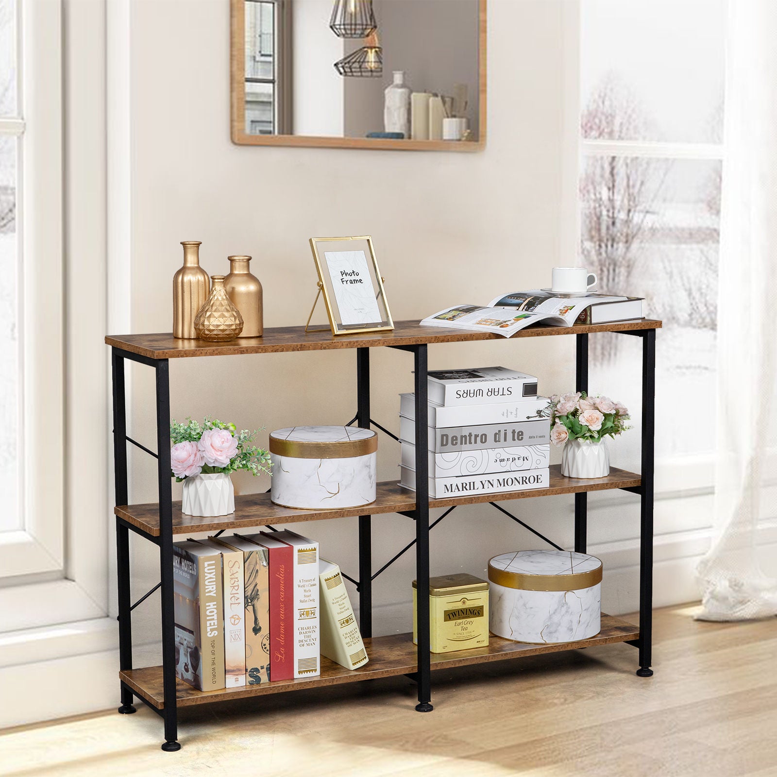 3-Tier Console Sofa Table, Industrial Foyer Table for Living Room, Entry Way, Hallway,Rustic Brown