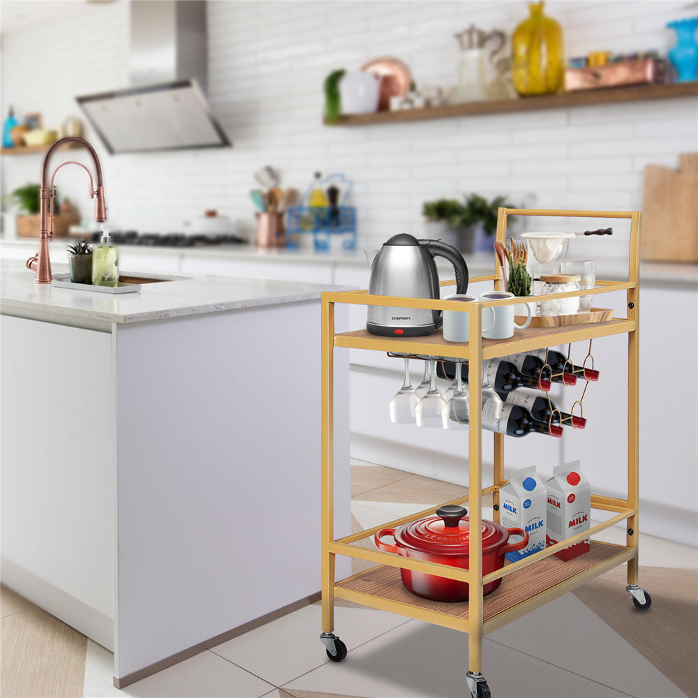 Home Rolling Kitchen Serving Cart with Wine Rack Glass Bottle Holder Mobile Large Kitchen Cart