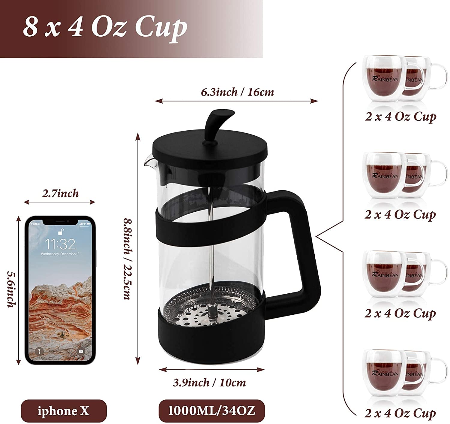 Large French Press Glass Travel Camping Coffee Makers Pot 34 Oz Portable French Press Coffee Maker