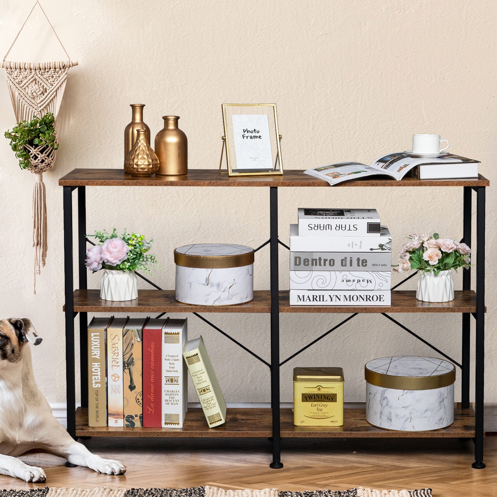 3-Tier Console Sofa Table, Industrial Foyer Table for Living Room, Entry Way, Hallway,Rustic Brown